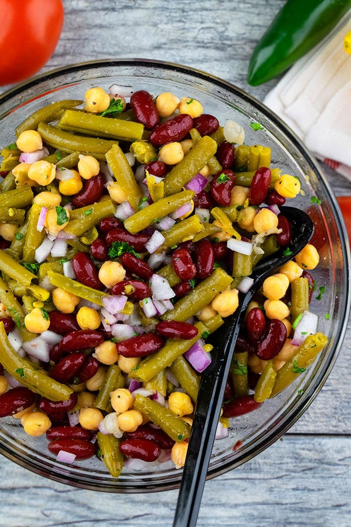 Easy Three Bean Salad With Green Beans, Garbanzo Beans, Kidney Beans