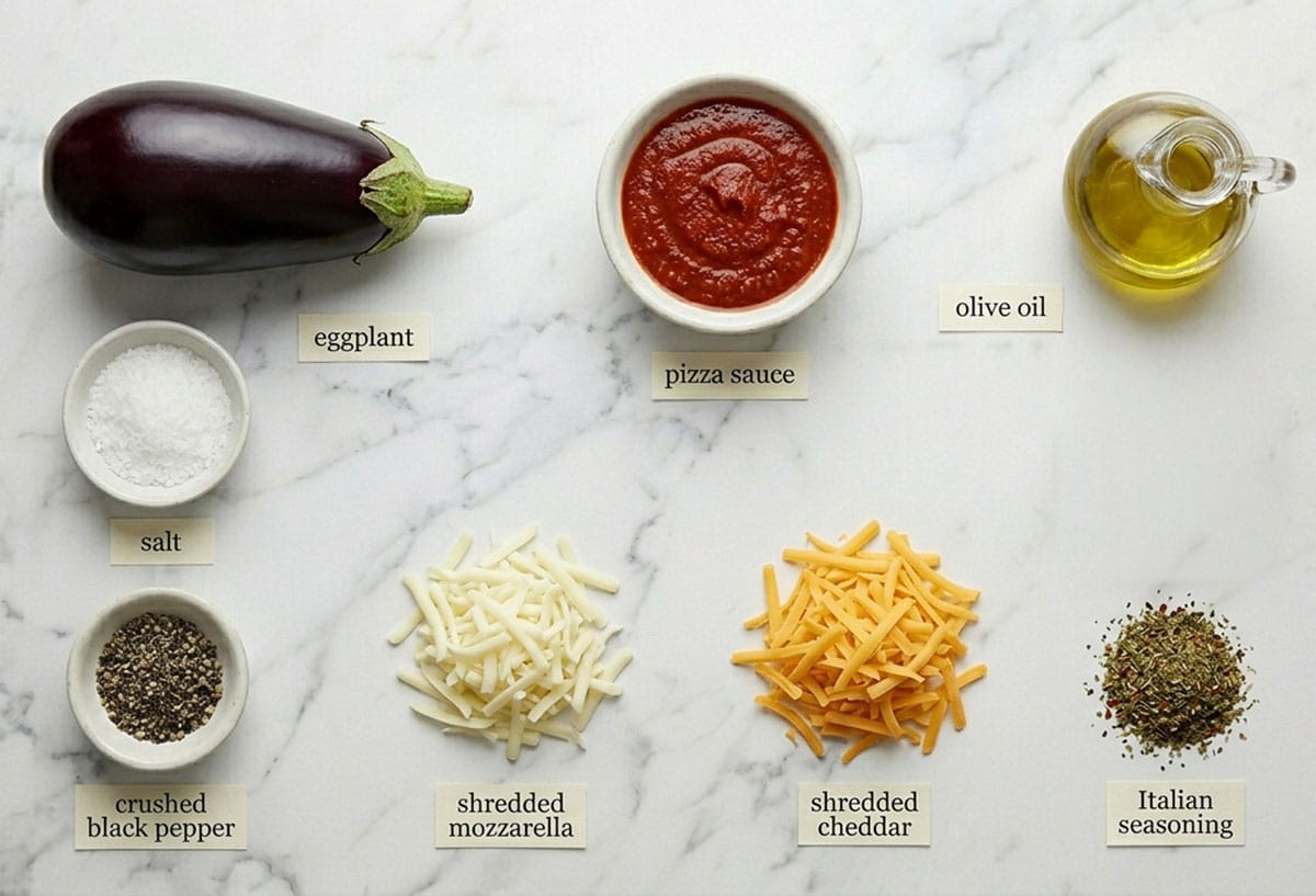 Ingredients for recipe on white marble background- Eggplant, pizza sauce, spices, shredded cheeses.