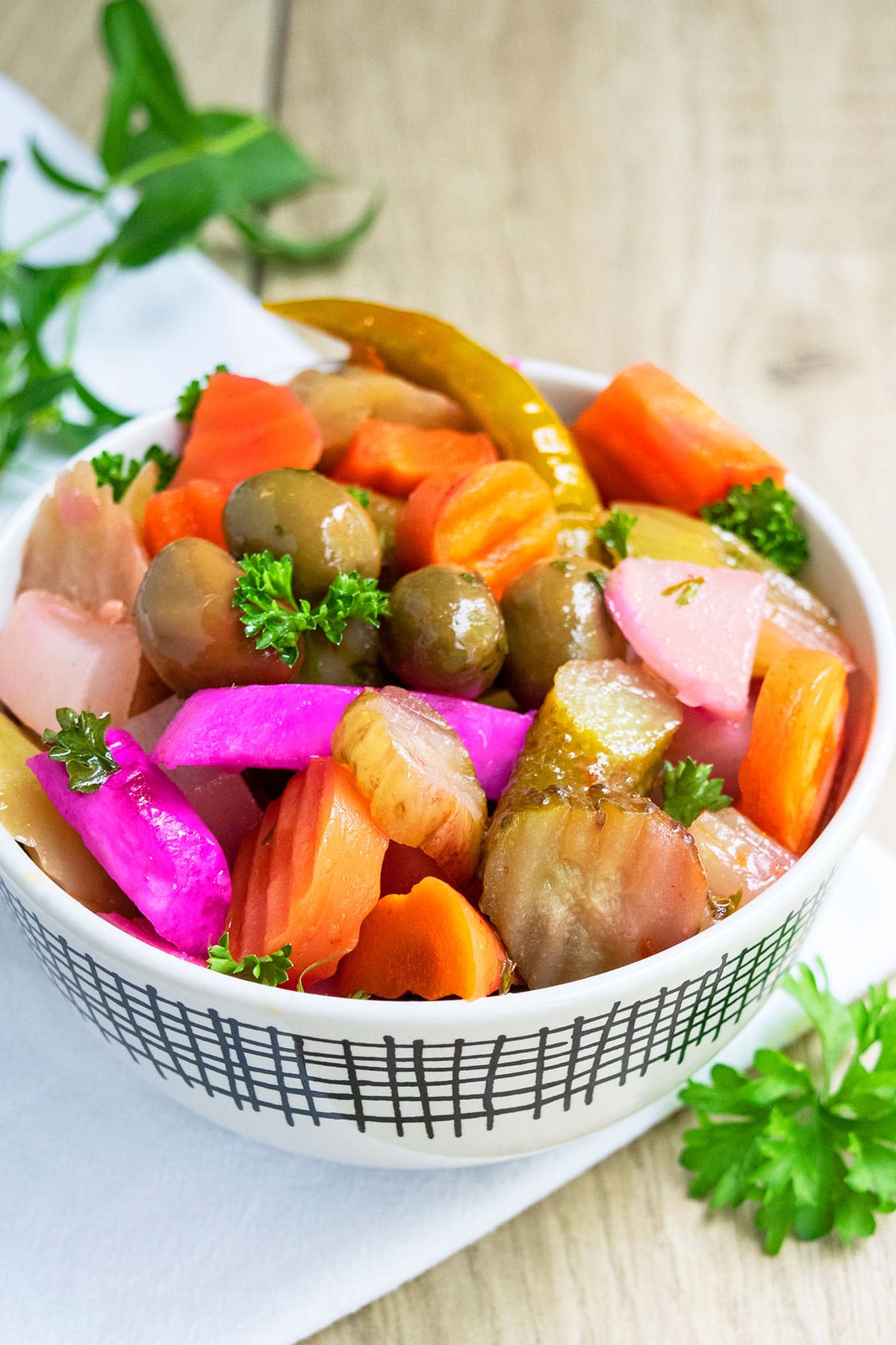 Easy refrigerator pickles in white bowl. 
