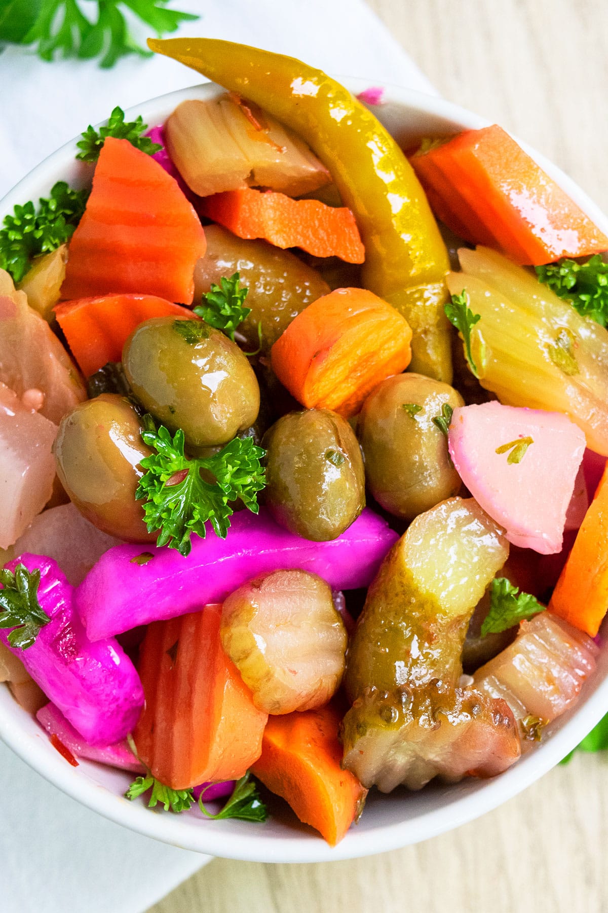 Homemade vegetable condiment in white bowl- Closeup shot. 