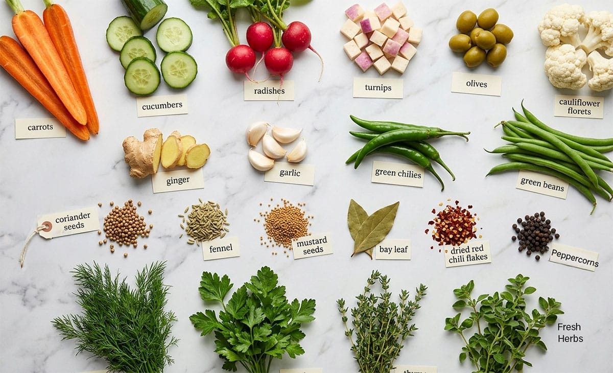 Ingredients for recipe on white marble background- variety of vegetables, herbs, spices.