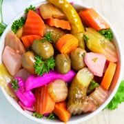 Quick Easy Homemade Refrigerator Pickled Vegetables in white bowl.