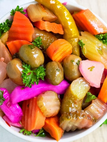 Quick Easy Homemade Refrigerator Pickled Vegetables in white bowl.