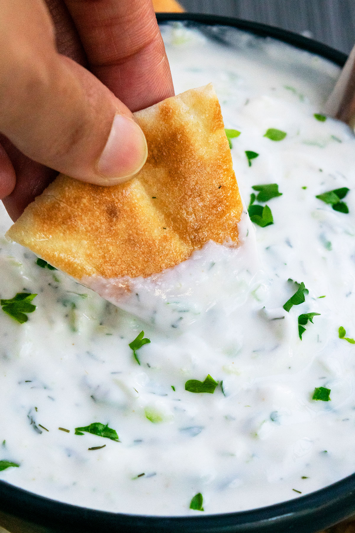 Pita bread being dunked into bowl of Greek sauce.