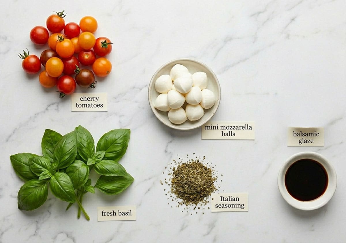 Ingredients for recipe on white marble background- fresh basil, Italian seasoning, cherry tomatoes, mozzarella balls, balsamic glaze.