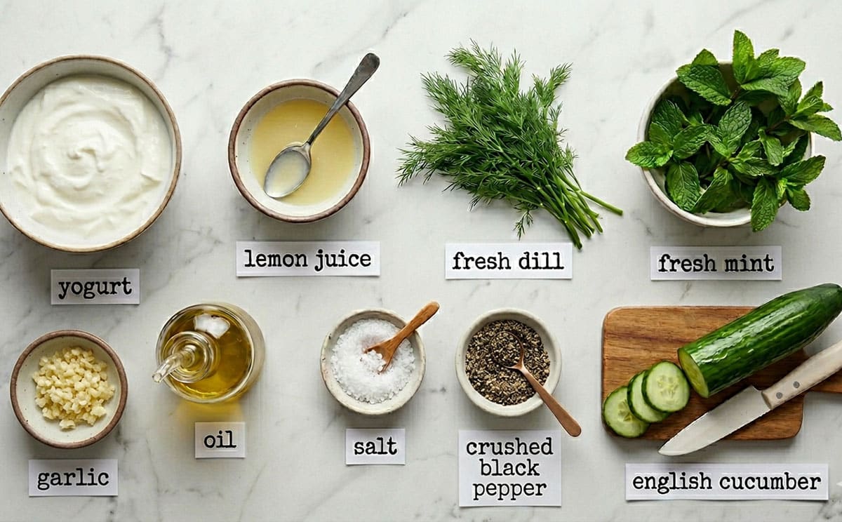 Ingredients for recipe on white marble background.