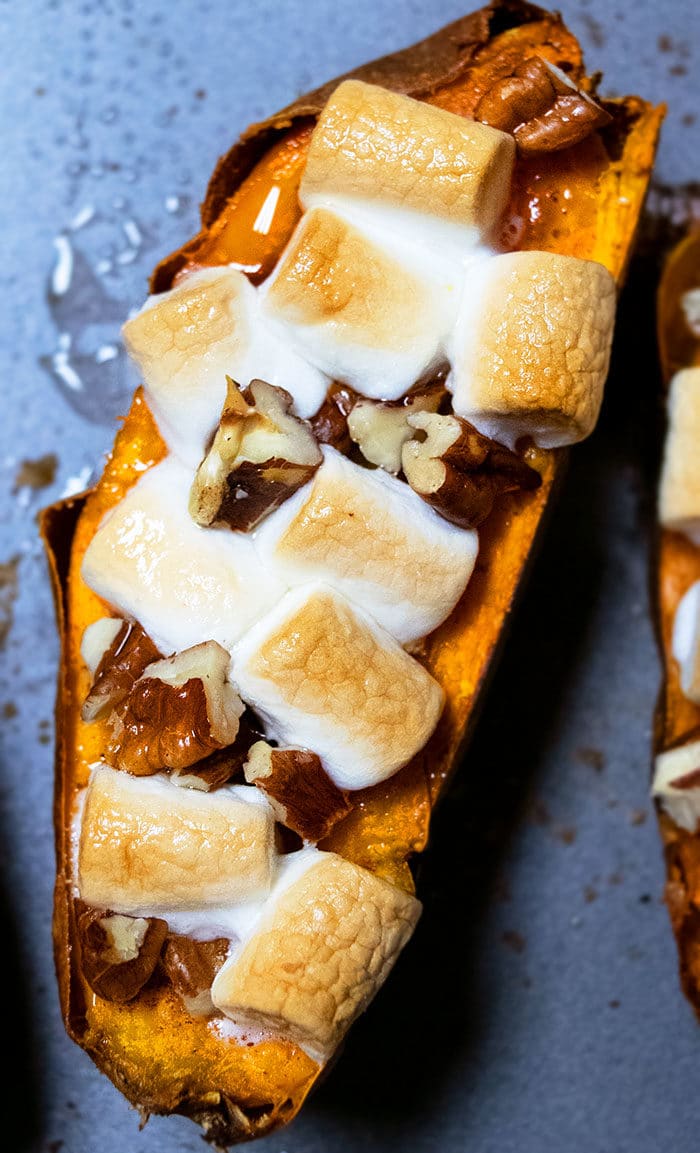 Oven Baked Sweet Potatoes With Marshmallows and Pecans