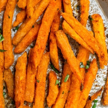 Easy homemade Crispy oven baked sweet potato fries in sheet pan.