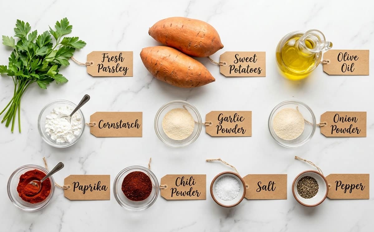 Ingredients for recipe on white marble background. 