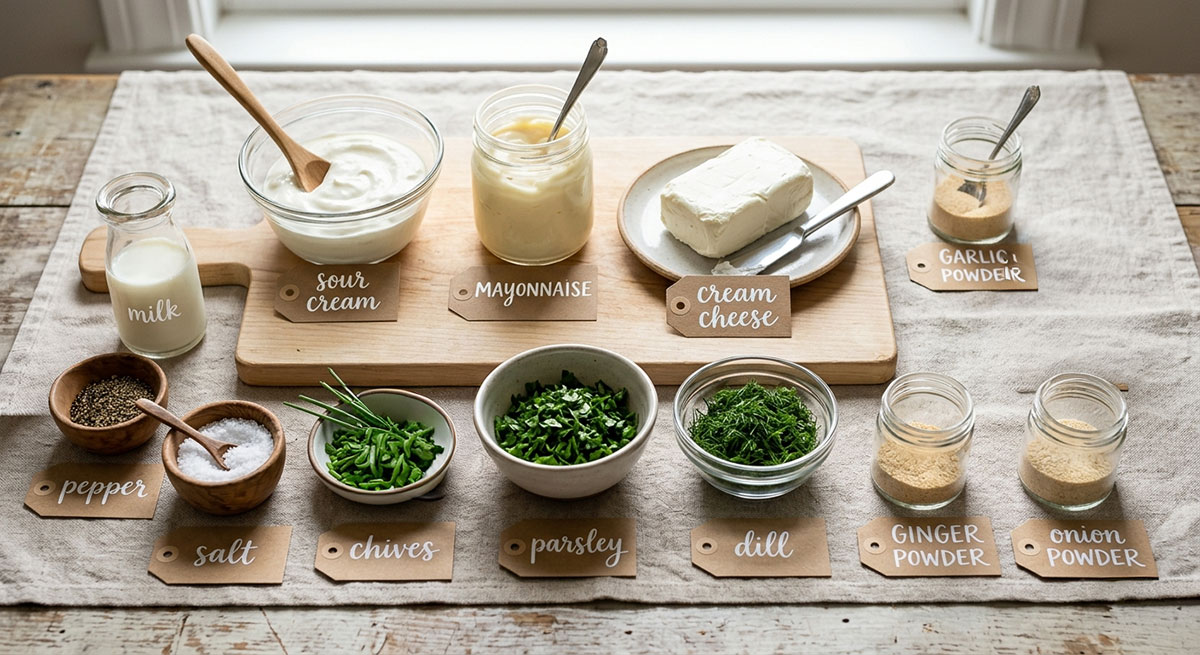Ingredients for recipe on gray tablecloth lined wooden table. 