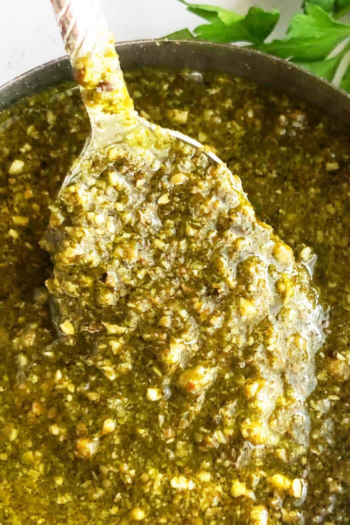 Spoonful of homemade sauce with fresh herbs and pine nuts- Closeup shot. 