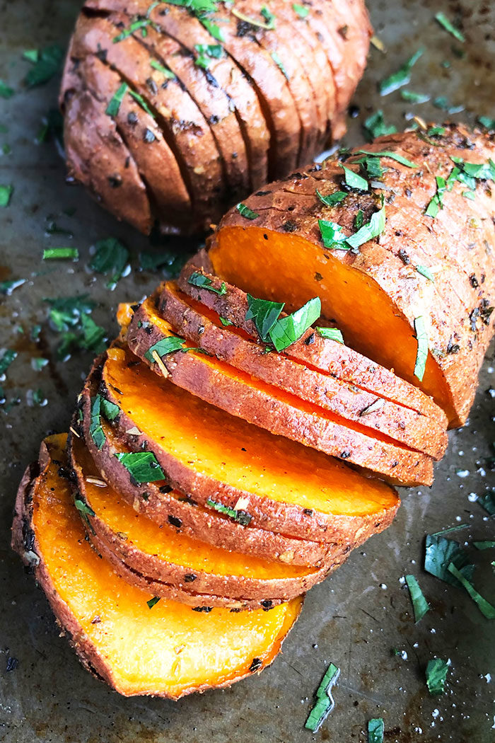 Homemade Hasselback Sweet Potatoes with Garlic Herb Butter