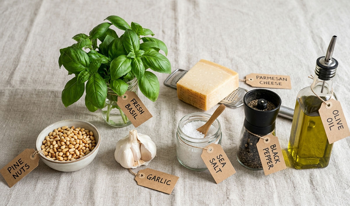 Ingredients for recipe on gray tablecloth. 