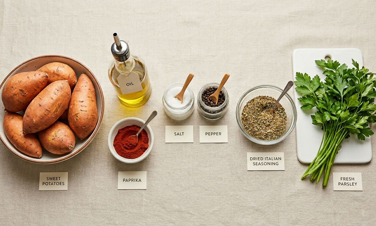Ingredients for recipe on beige tablecloth.