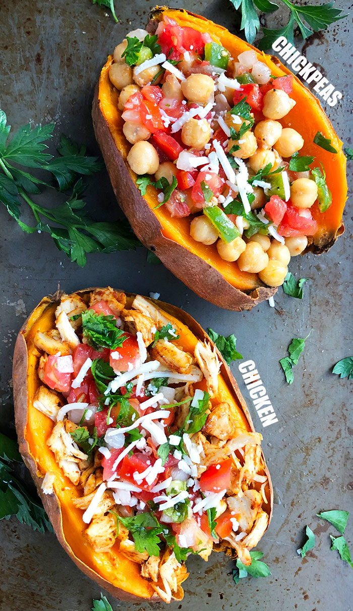 Healthy Stuffed Sweet Potato Recipe with Chicken and Chickpeas
