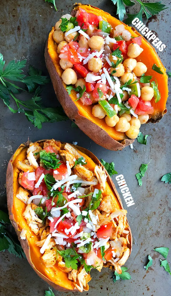 Healthy Stuffed Sweet Potato Recipe with Chicken and Chickpeas