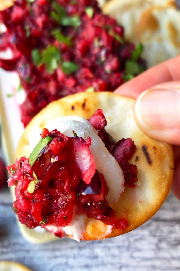 Spicy Cranberry Salsa Dip with Cheese and Crackers