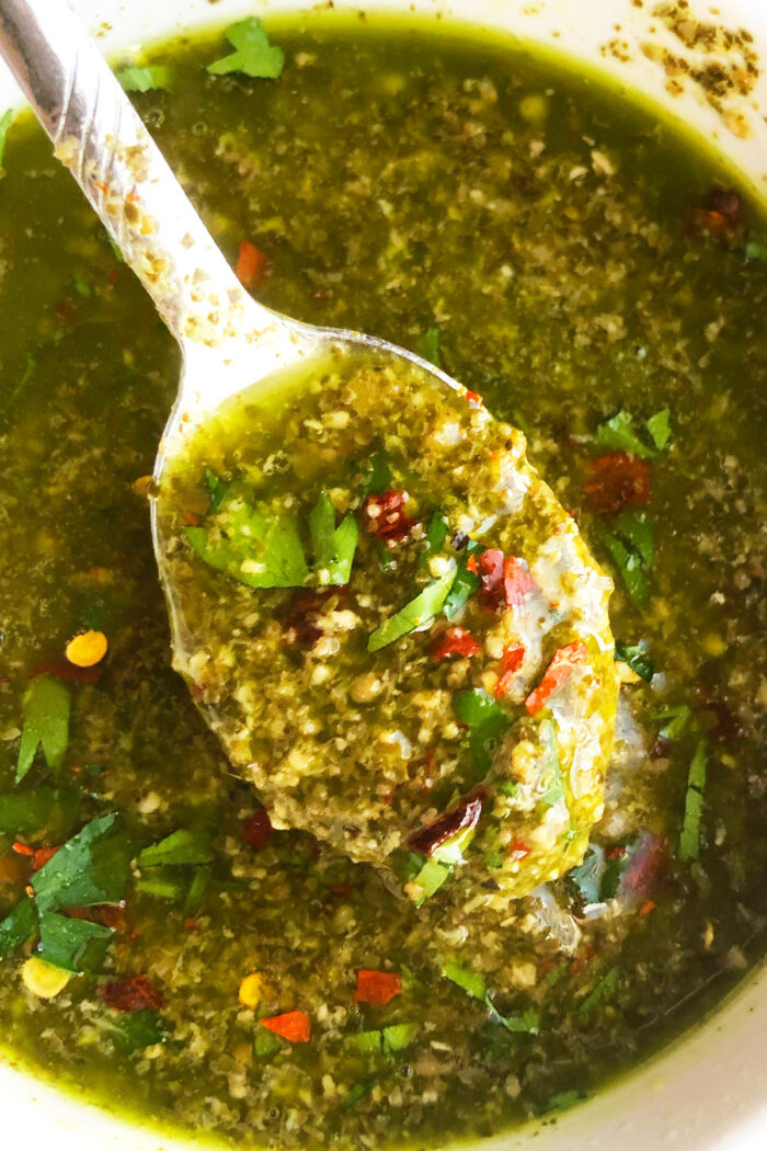 Spoonful of Argentinian green sauce or marinade- Closeup shot. 