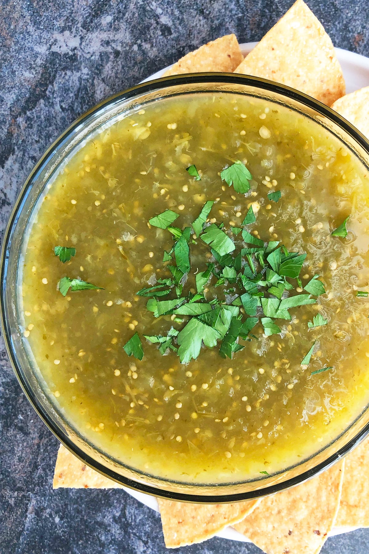 Mexican Homemade Salsa Verde in Glass Bowl.