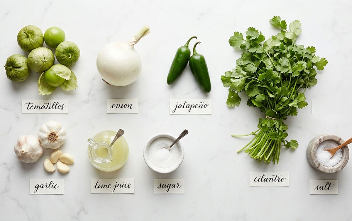 Ingredients for recipe on white marble background- cilantro, salt, jalapeno, onion, sugar, lime juice, garlic, tomatillos.