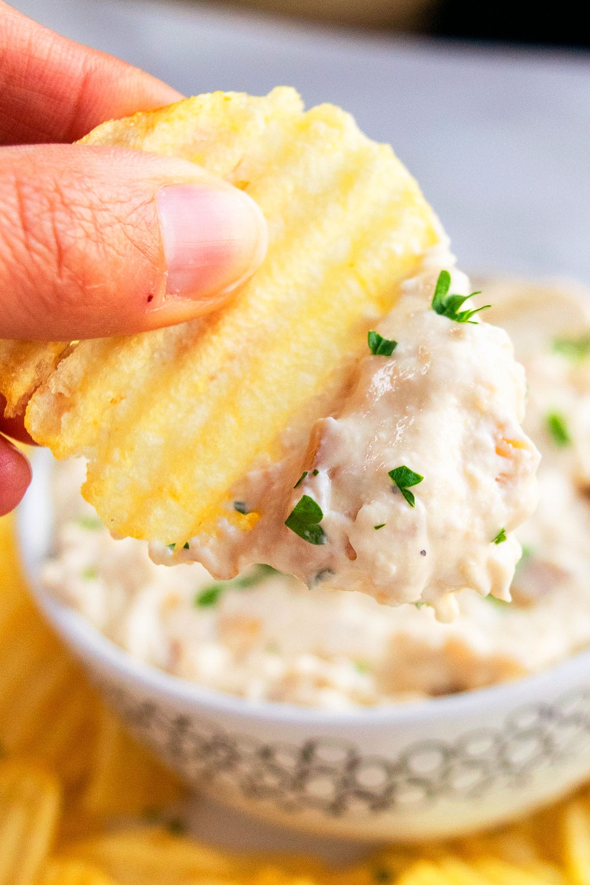 Potato chip scooped into bowl of dip- Closeup shot. 