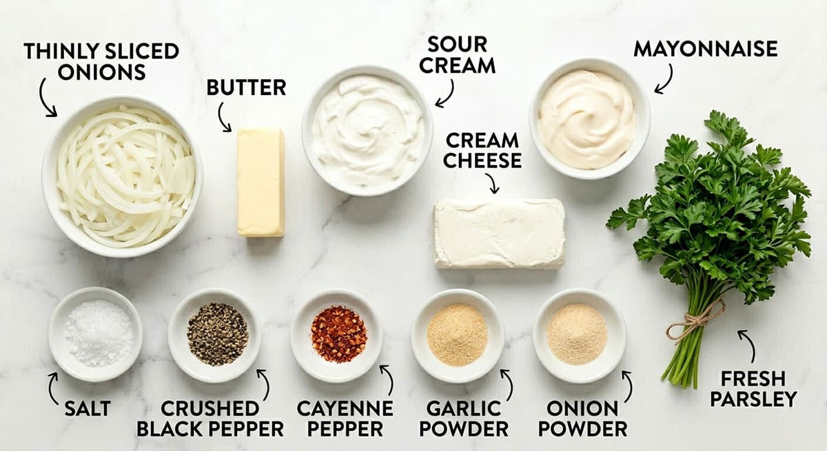 Ingredients for recipe on white marble background- spices, sour cream, cream cheese, onions, butter, mayonnaise. 