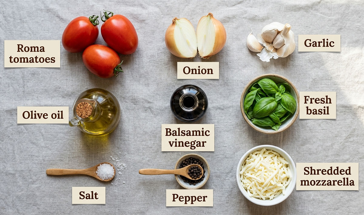 Ingredients for recipe on light gray background. 