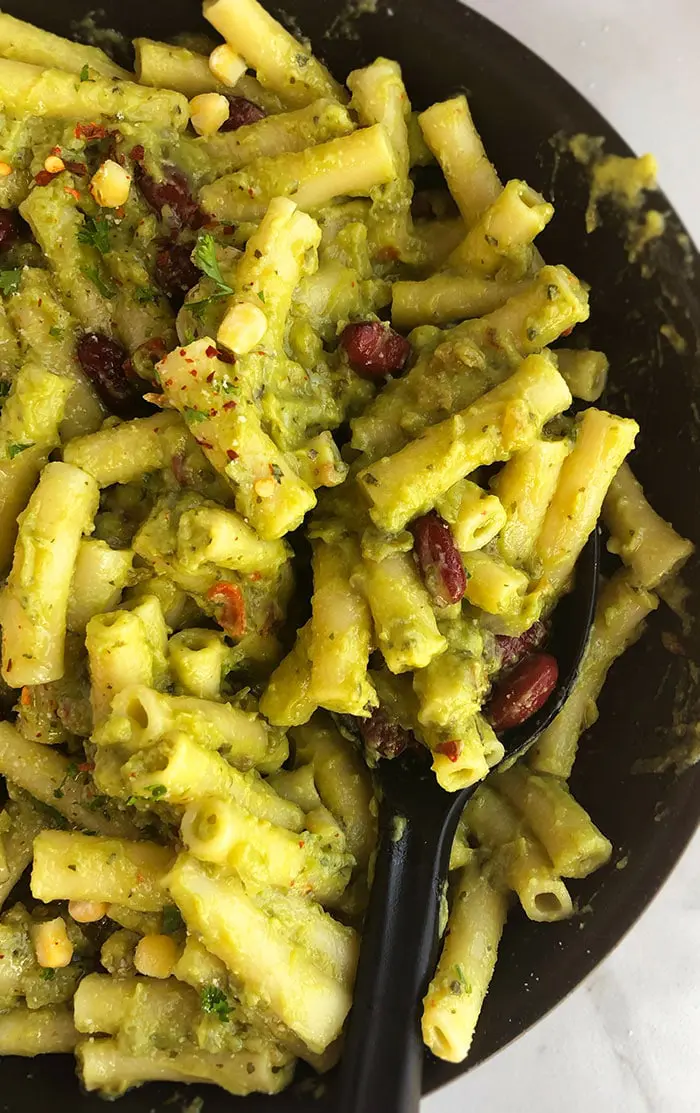 Vegetarian Pasta with Avocado Sauce, Beans and Corn