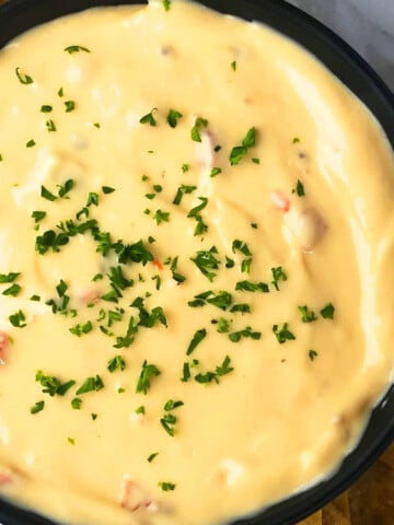 Best Easy Homemade Queso Dip (Mexican Cheese Dip) in Black Bowl- Overhead Shot.