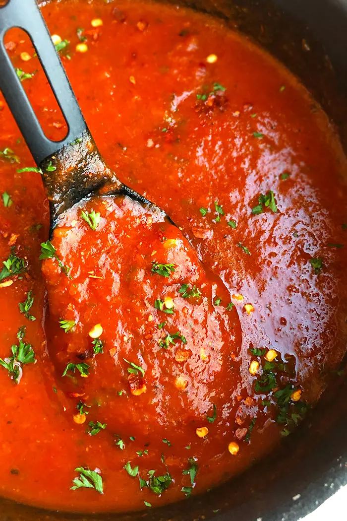 Closeup of Spoonful of Homemade Arrabbiata Sauce