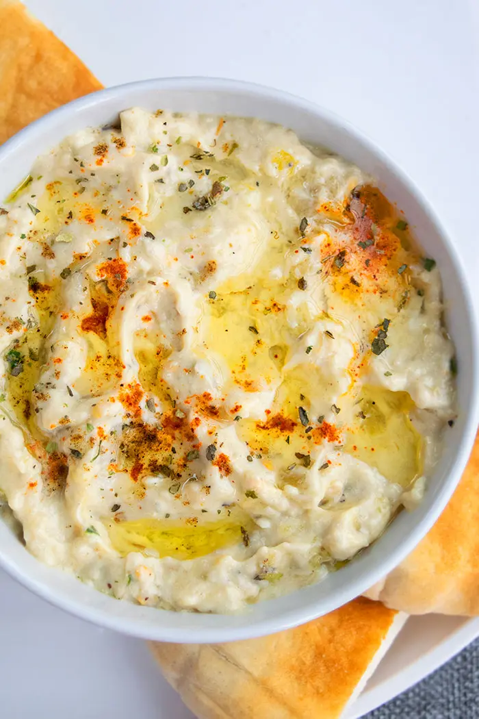 Easy Baba Ganoush (Eggplant Dip) in a White Bowl