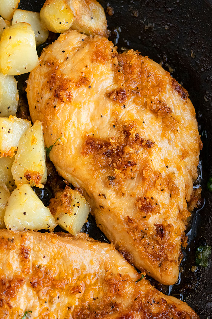 Chicken and Potatoes in Black Pan