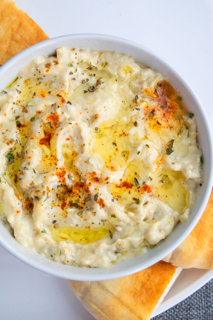 Easy Homemade Baba Ganoush Dip in a White Bowl- Overhead Shot. 