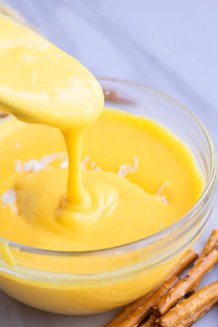 Spoonful of Homemade Cheese Sauce in a Glass Bowl. 
