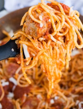 Closeup of Homemade Spaghetti and Meatballs on Fork