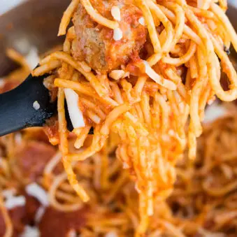 Closeup of Homemade Spaghetti and Meatballs on Fork