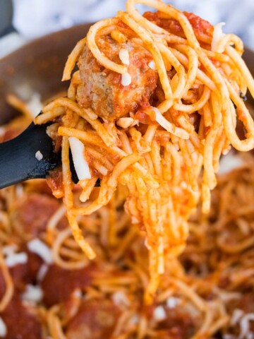 Closeup of Homemade Spaghetti and Meatballs on Fork