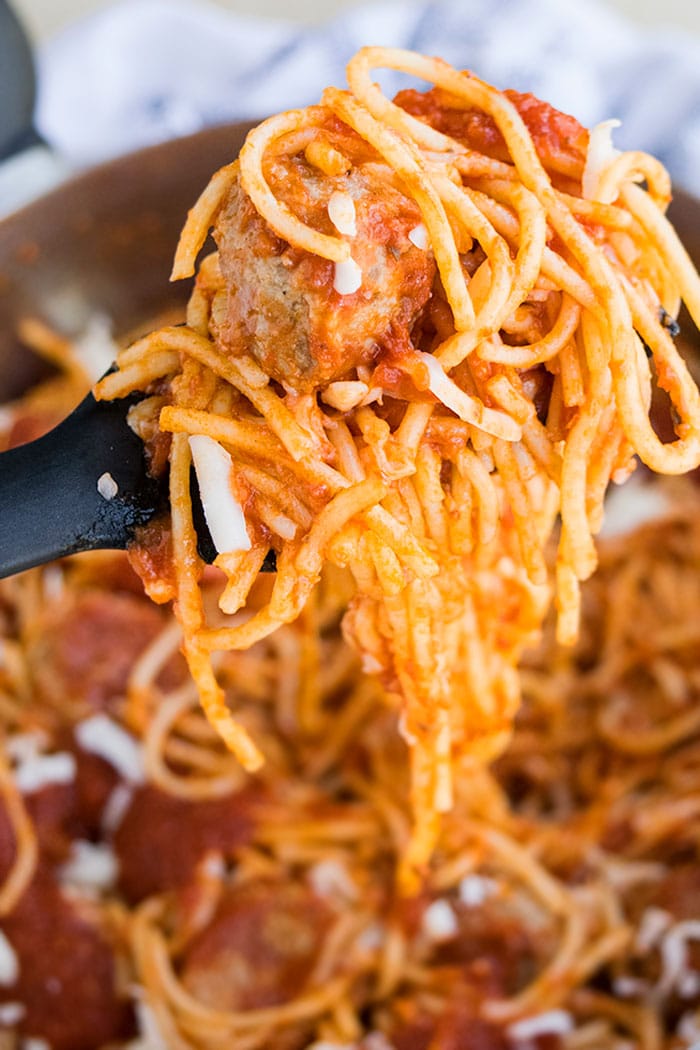 Closeup of Best Homemade Spaghetti Meatballs on Fork
