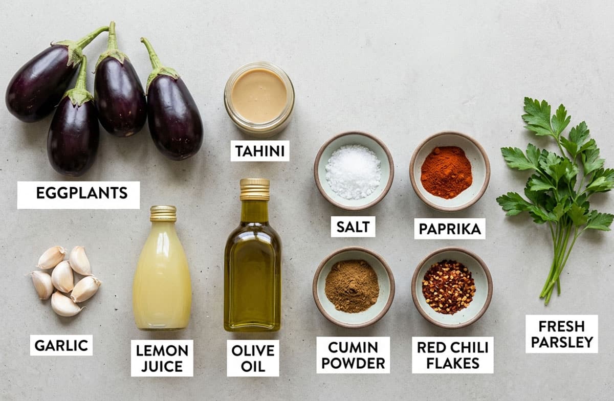 Ingredients for recipe on neutral dull gray background. 