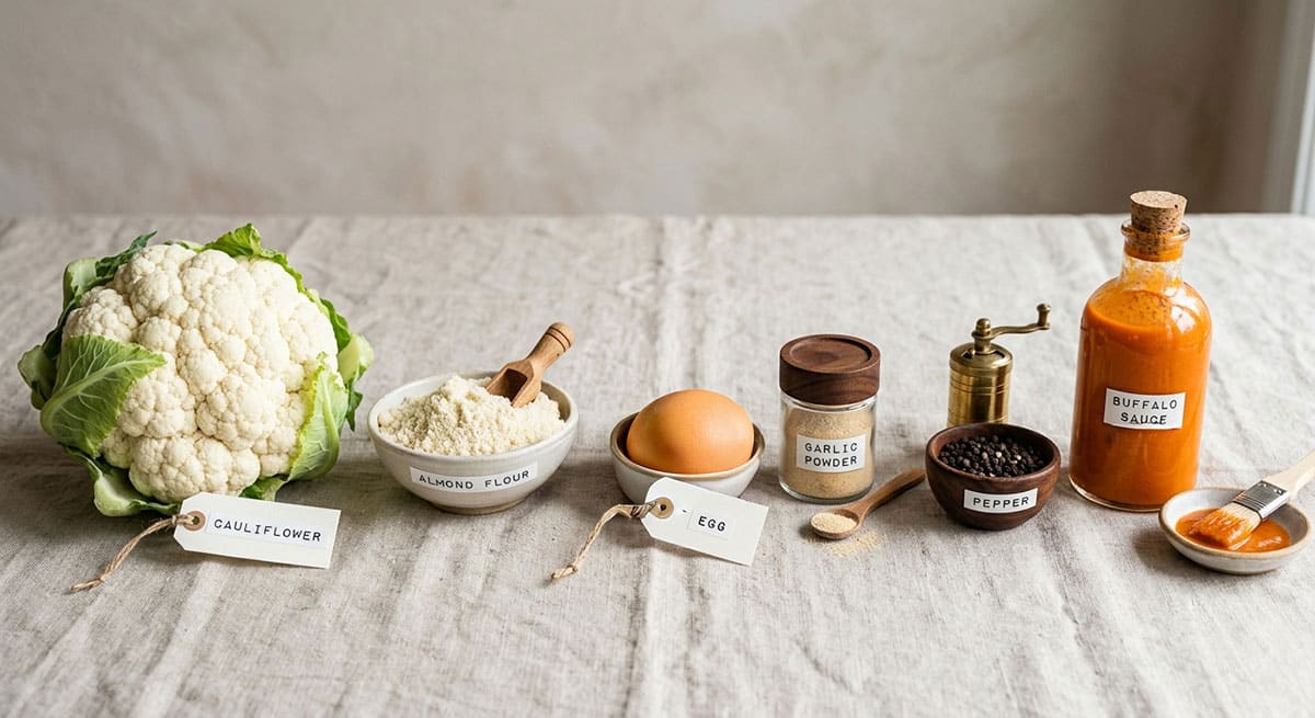 Ingredients for recipe on table with gray tablecloth. 