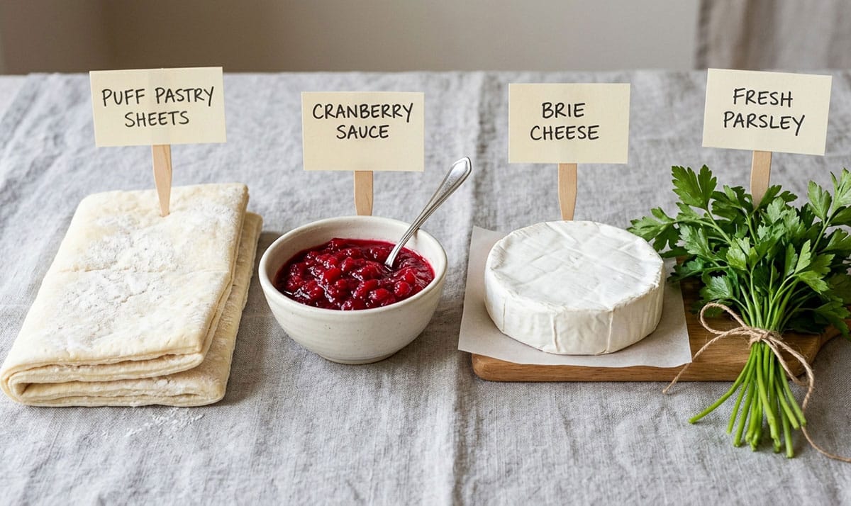 Ingredients for recipe on table with gray tablecloth. 
