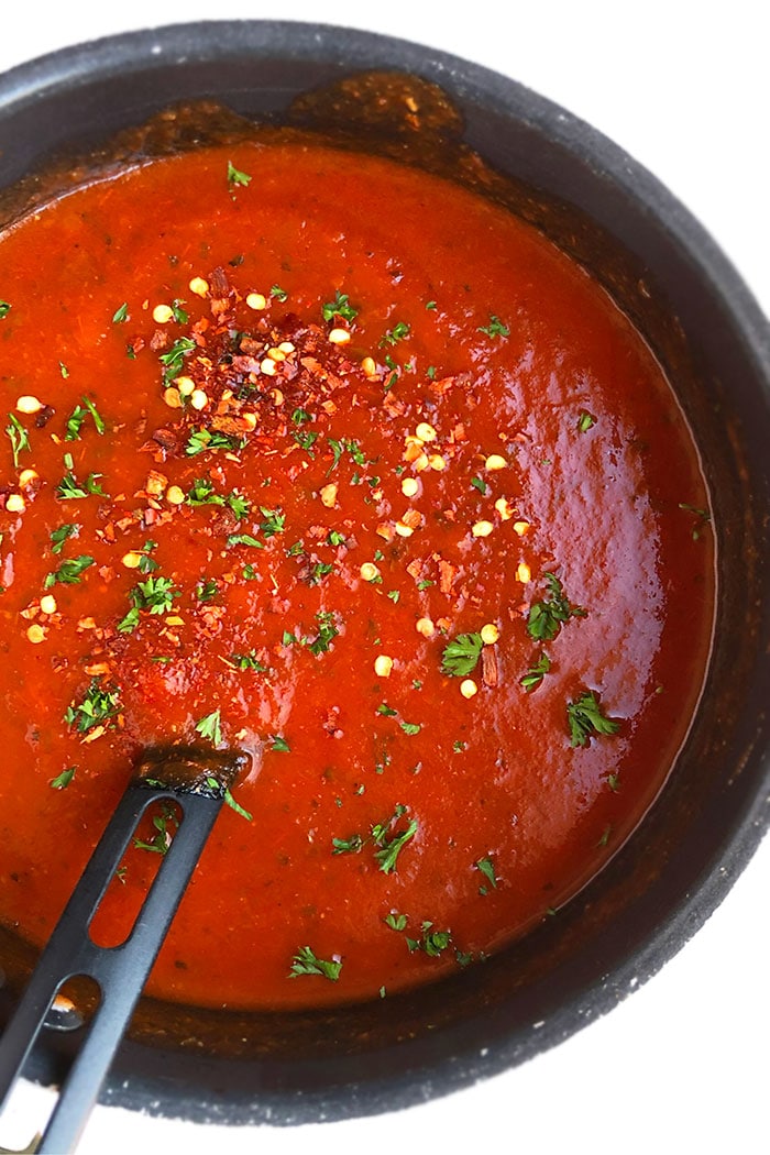 Spicy Arrabbiata Sauce in a Black Pot