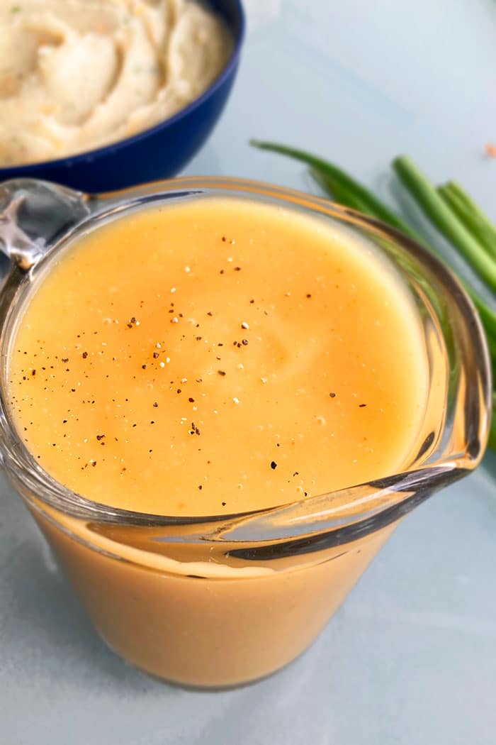 Easy Chicken Broth Gravy From Scratch in Small Glass Pitcher