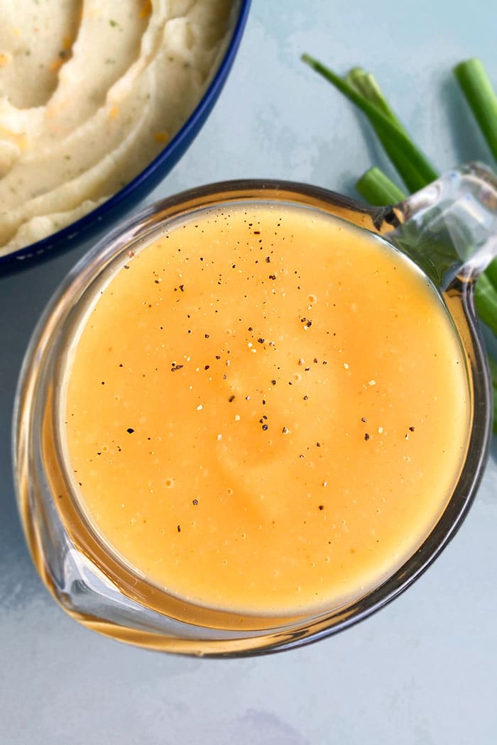 Overhead Shot of Gravy in Glass Pitcher