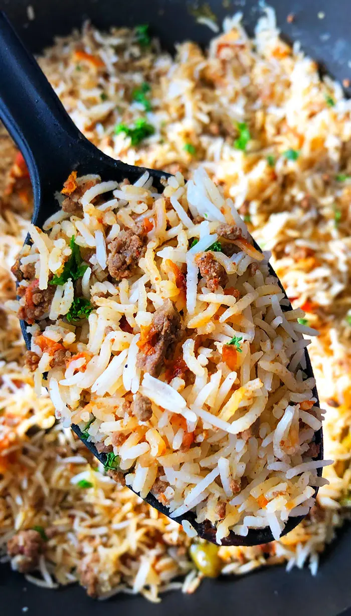 Closeup of Spoonful of Dirty Rice (Ground Beef and Rice)