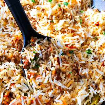 Easy Cajun Dirty Rice in Black Nonstick Pot