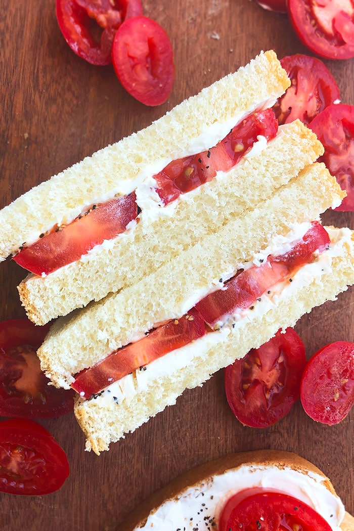 Closeup of Best Homemade Tomato Sandwich Sliced in Half 