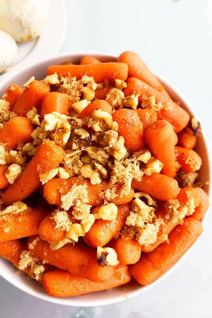 Homemade Candied Carrots in White Bowl