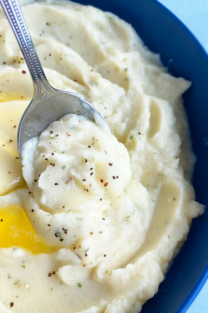 Closeup Shot of Spoonful of Cauliflower Mashed Potatoes