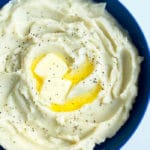 Easy Homemade Mashed Cauliflower in Blue Bowl